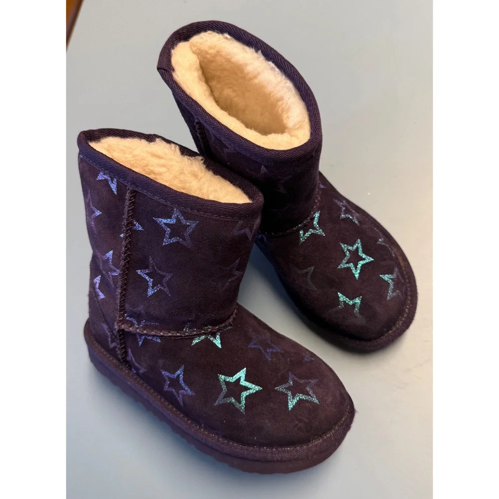 UGG Girls Sz 11 Boots Classic II Purple Iridescent Stars Nightshade
